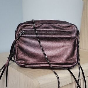 ALLSAINTS 100% Deep Bronze Leather Fleur De Lis Crossbody Bag with Chain Strap